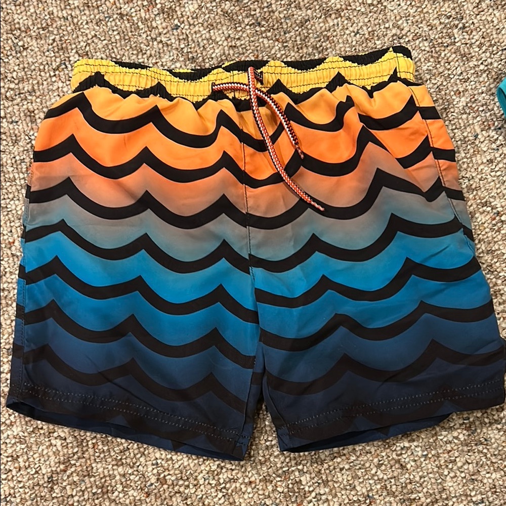 Appaman Orange, Yellow and Blue Wave-Print Swim Trunks